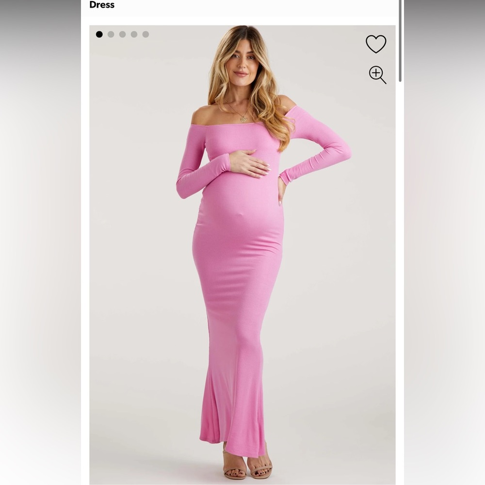 Pink Ribbed Off Shoulder Long Sleeve Maternity Maxi Dress